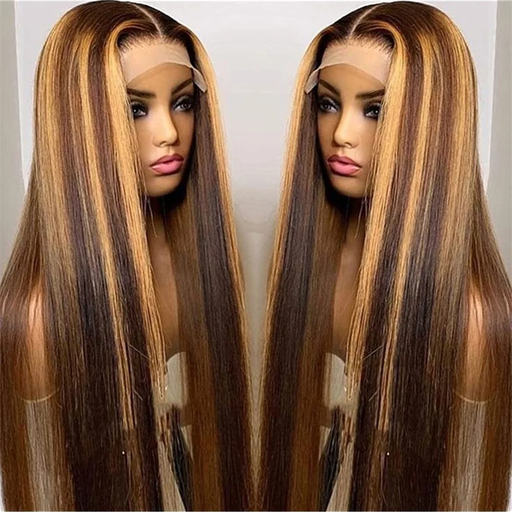 Longo highligt marrom 26 Polegada 180 densidade reta peruca dianteira do laço para mulheres com cabelo do bebê sintético sem cola perucas de uso diário