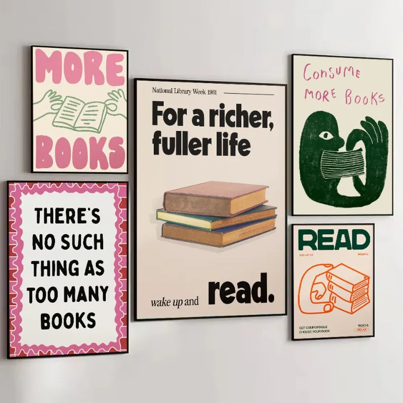 Affiche Murale Esthétique sur Toile : Livre Abstrait Rétro, Citations Positives, Esquisse de Lecteur, Décoration pour Bibliothèque et Maison