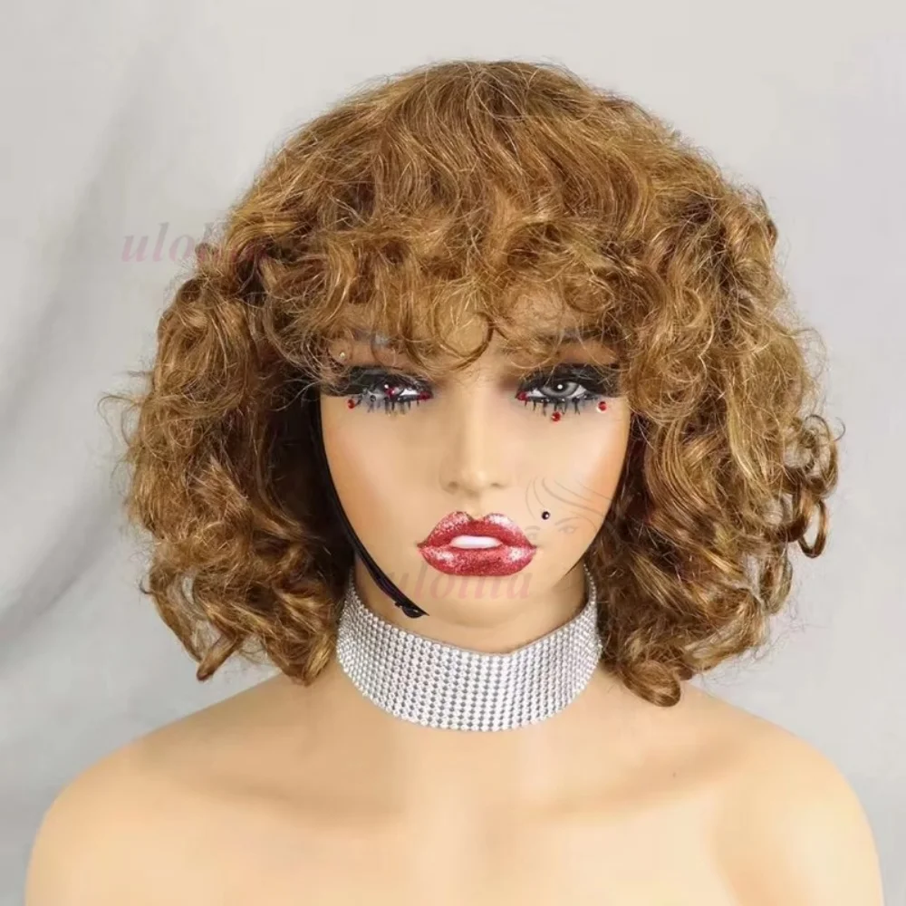 99J Burgunder Fumi Lockige Bob-Perücke, Federnde Pixie-Cut-Perücke mit Highlights, Vollmaschinell Gefertigte Eierlocken, Lockige Echthaar-Perücken für Frauen mit Pony – Detail 10