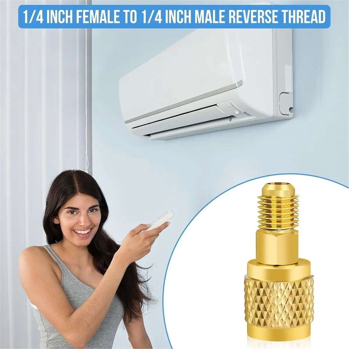 R32 R454B Refrigerant Brass Adapter, 1/4 Inch Female to 1/4 Inch Male Reverse Thread Fitting,for R-454B/R-32 Tanks Split