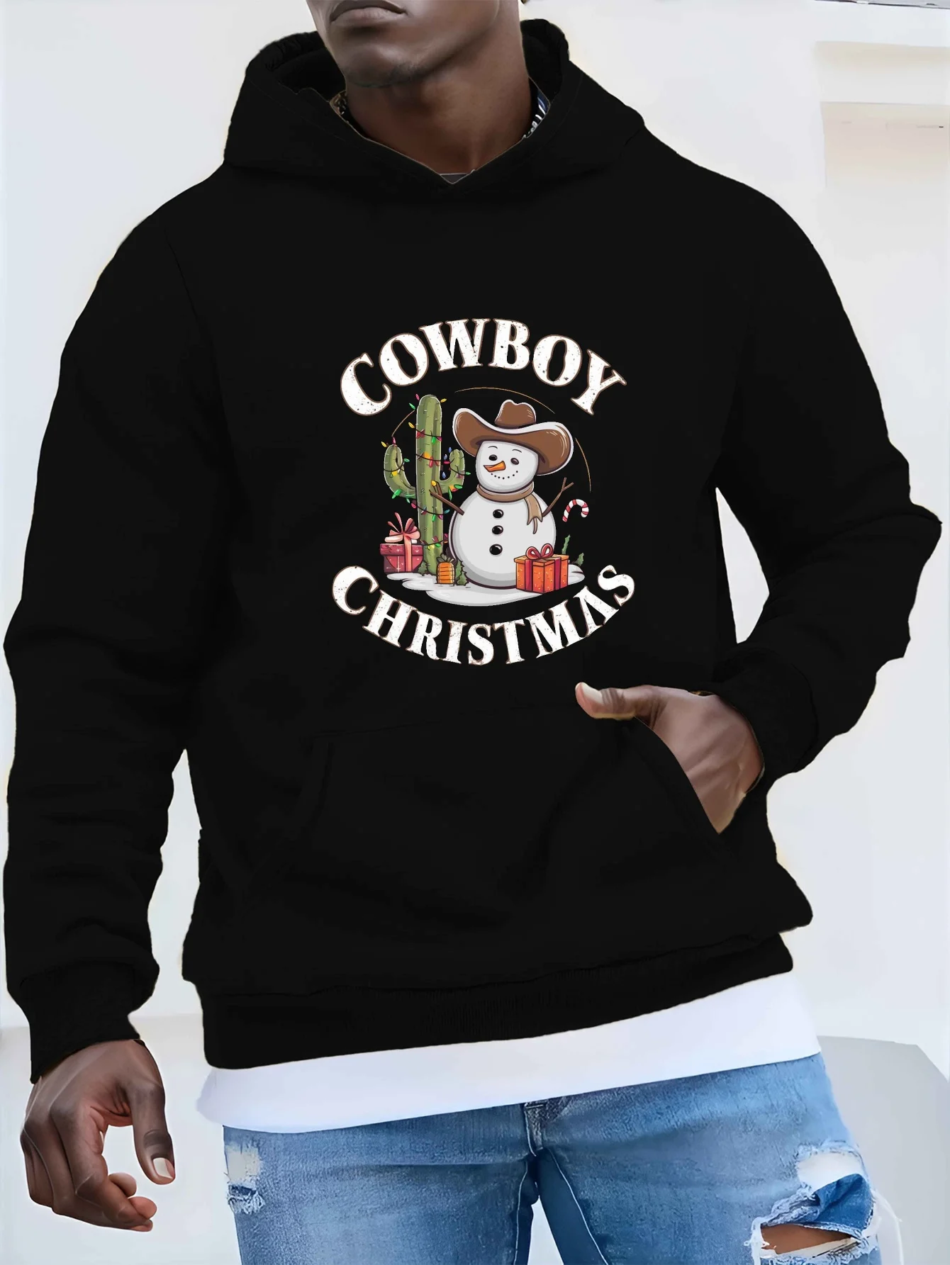 

Men's Plus Size Hoodie with Snowman & Cactus Cowboy Hat Design -Casual,loose Fit Pullover with Kangaroo Pocket,machine Washable