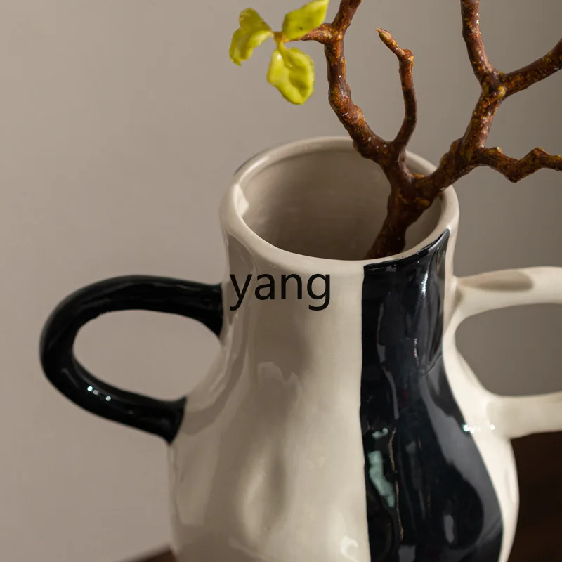 TGF wabi sandy wind handmade black and white cream wind ceramic vase art painted flower device