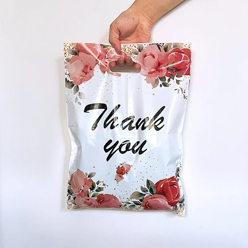 White Thank You Packaging Bag Plastic Gift Bags With Handle For Small Business Shopping Store Jewelry Clothes Wedding Party 10pc