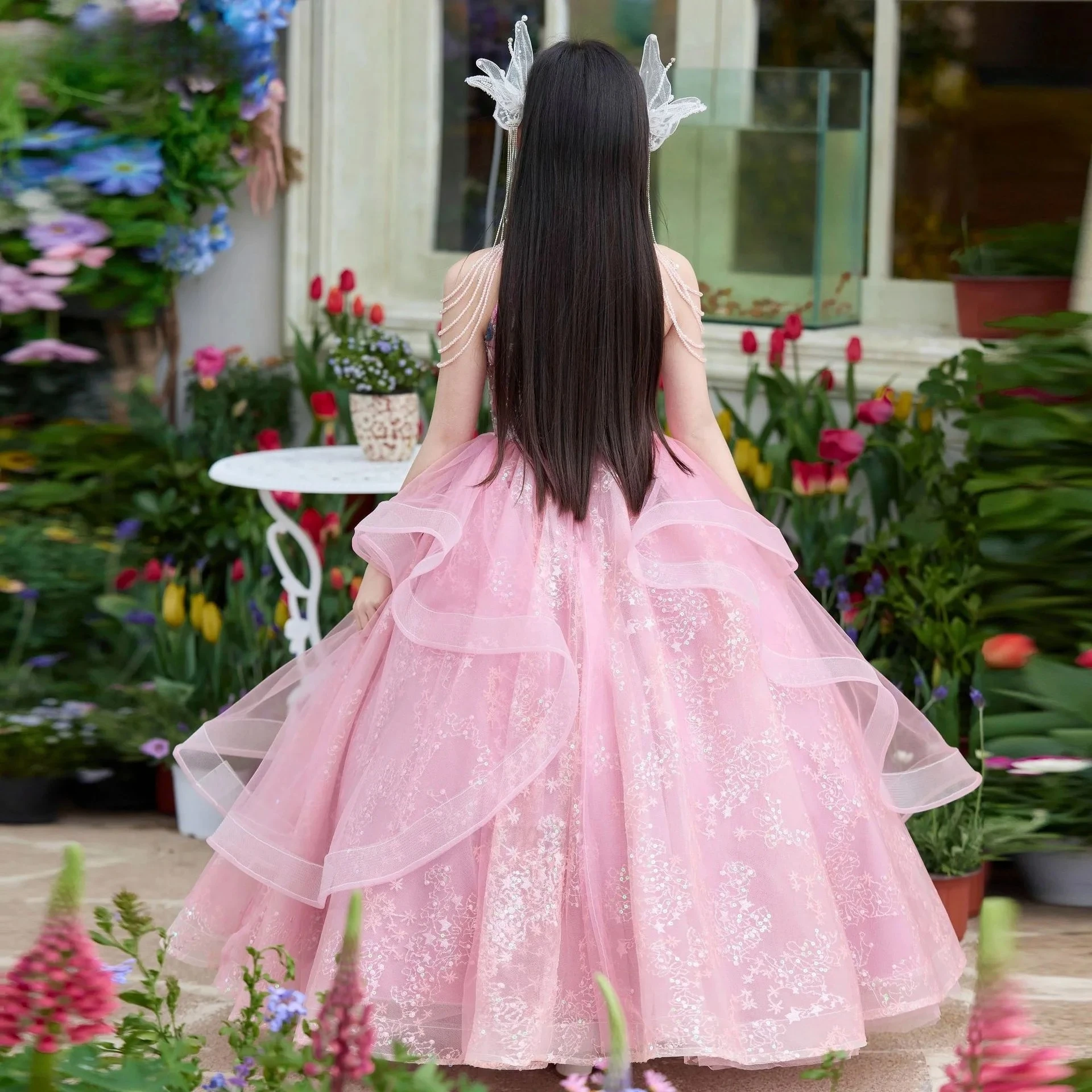 يتوهم فستان طويل تول الأميرة للمراهقات الفتيات الزهور جديد الرسن الكشكشة فستان طويل للحفلات لحفلات الزفاف عيد ميلاد فساتين رسمية #2