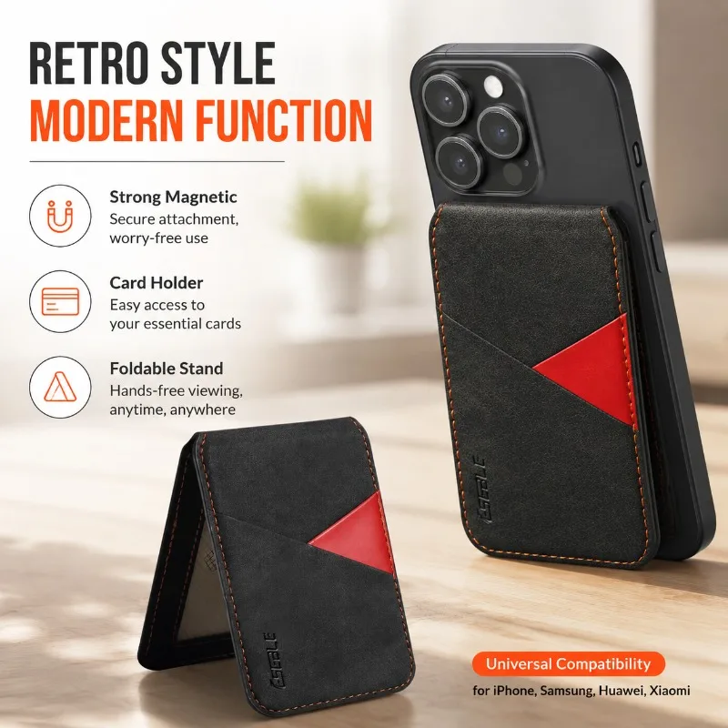 

Vintage Colorblock Fold Card Case MagSafe Magnetic Stand Fits IPhone Samsung Huawei Xiaomi Multi-function Pocket Wallet