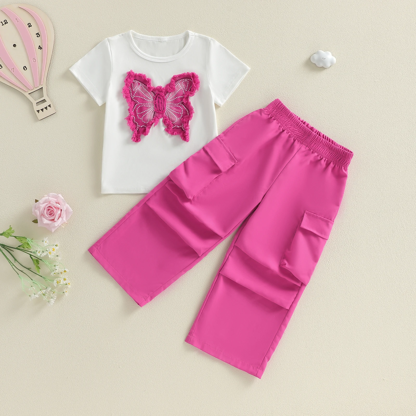 Little Girls 2 Piece Outfits Creative Butterfly Patchwork Short Sleeve Crew Neck t Shirt Tops Elastic Waist Pants Gilrs Sets