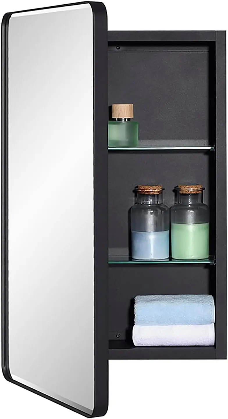 

Black Bathroom Mirror Medicine Cabinet with Rounded Frame Doors and Beveled Edge Mirror, Flush or Surface Mounted