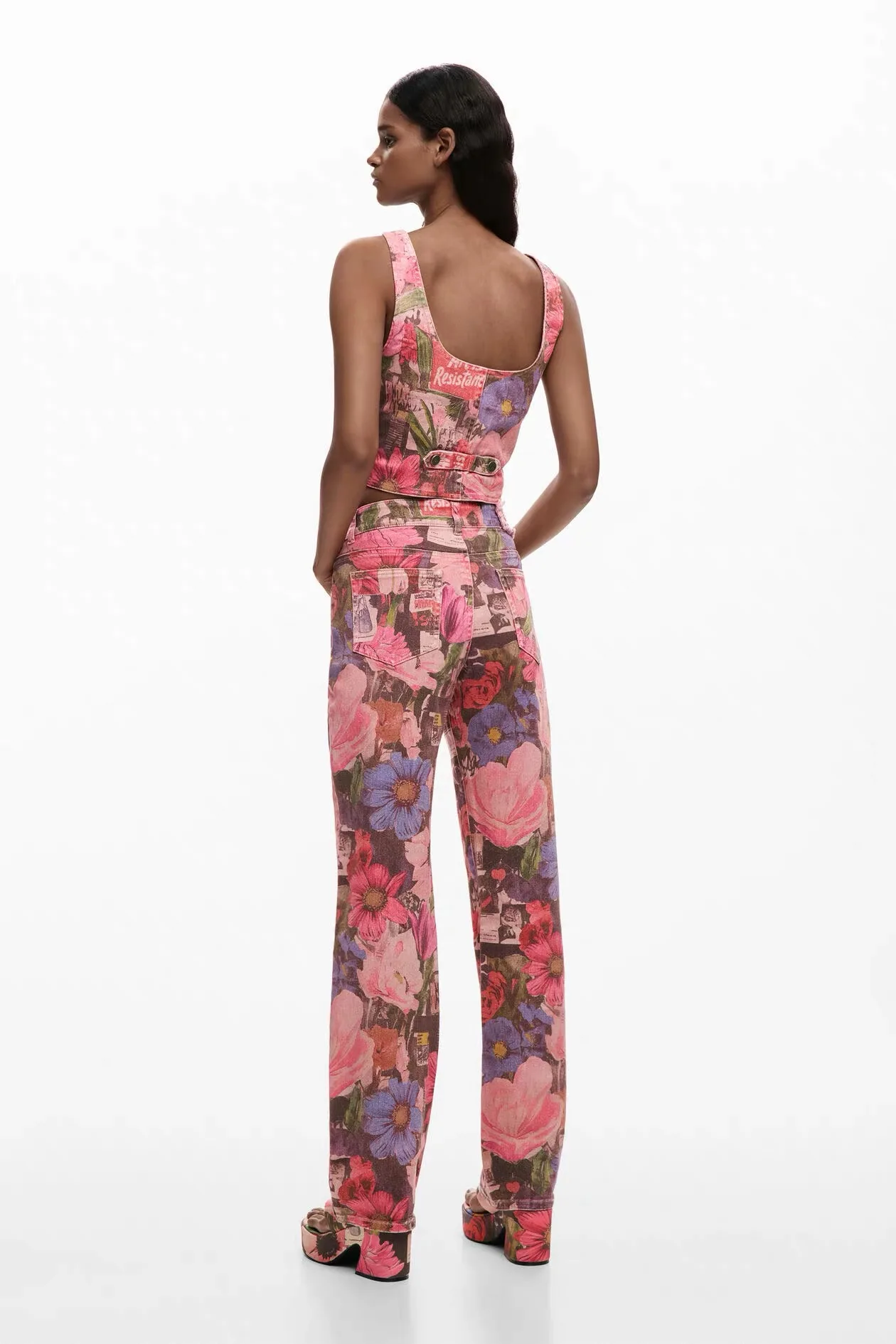 Foreign Trade Spain Original Single Tide Brand Sand Washed Color Printed Loose Straight leg Jeans Small Strap Top