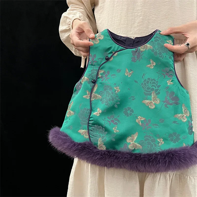 2025 winter girls' clothing national style satin jacquard vest baby new Chinese vest cheongsam skirt