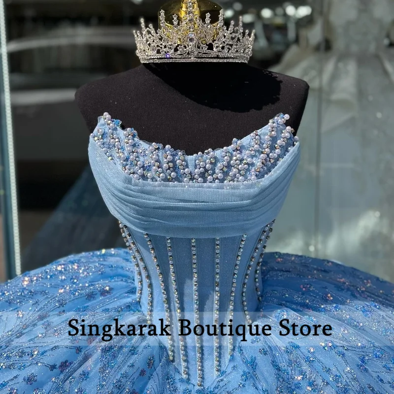 Vestido de baile de princesa con purpurina azul cielo, quinceañera, dulce 16 encaje, cuentas de cristal, perlas, Tull, Vestidos de graduación con cordones