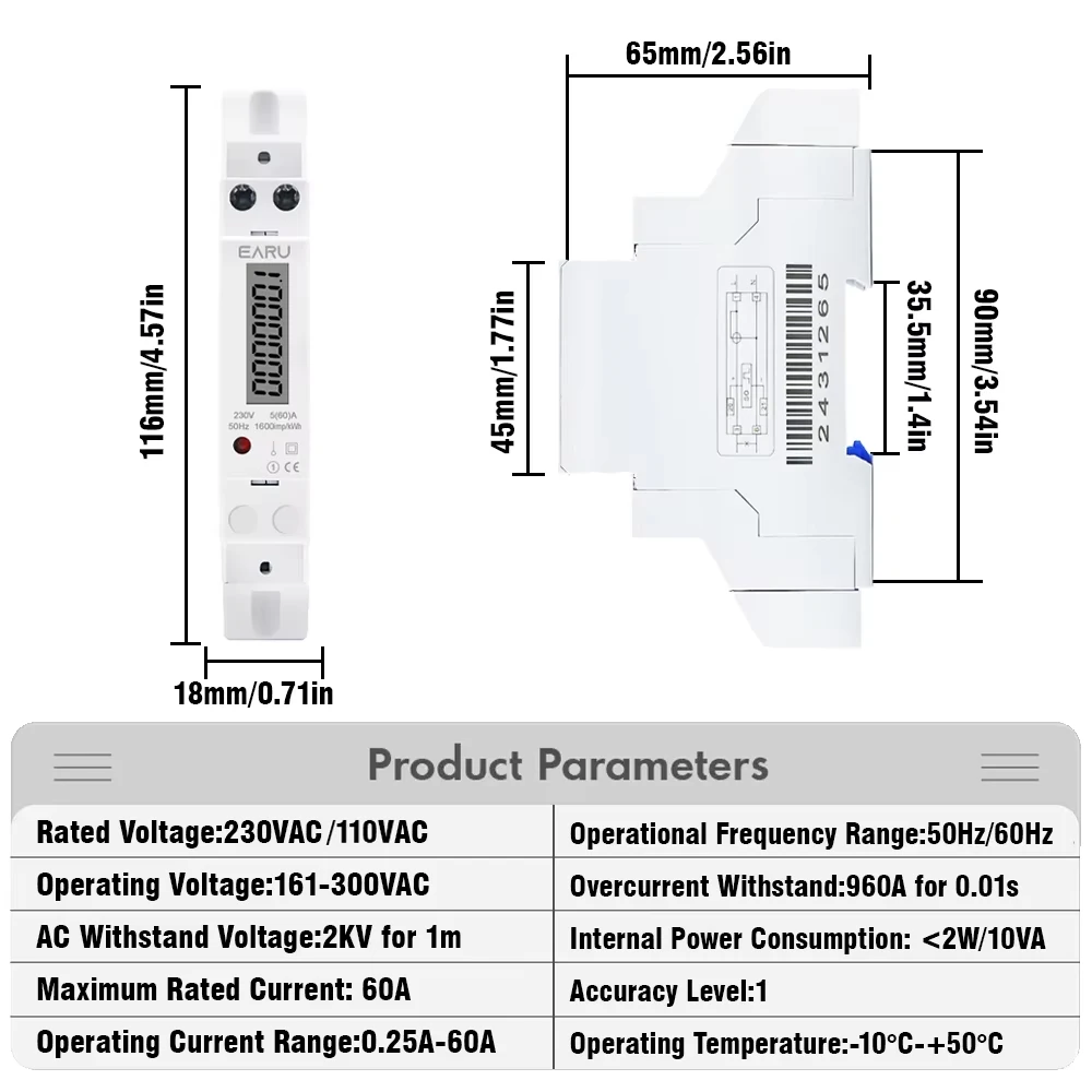 EARU 18MM Single Phase 1P AC110V 230V Analog Digital LCD Backlight Display Watt-hour kWh Electric Power Consumption Energy Meter