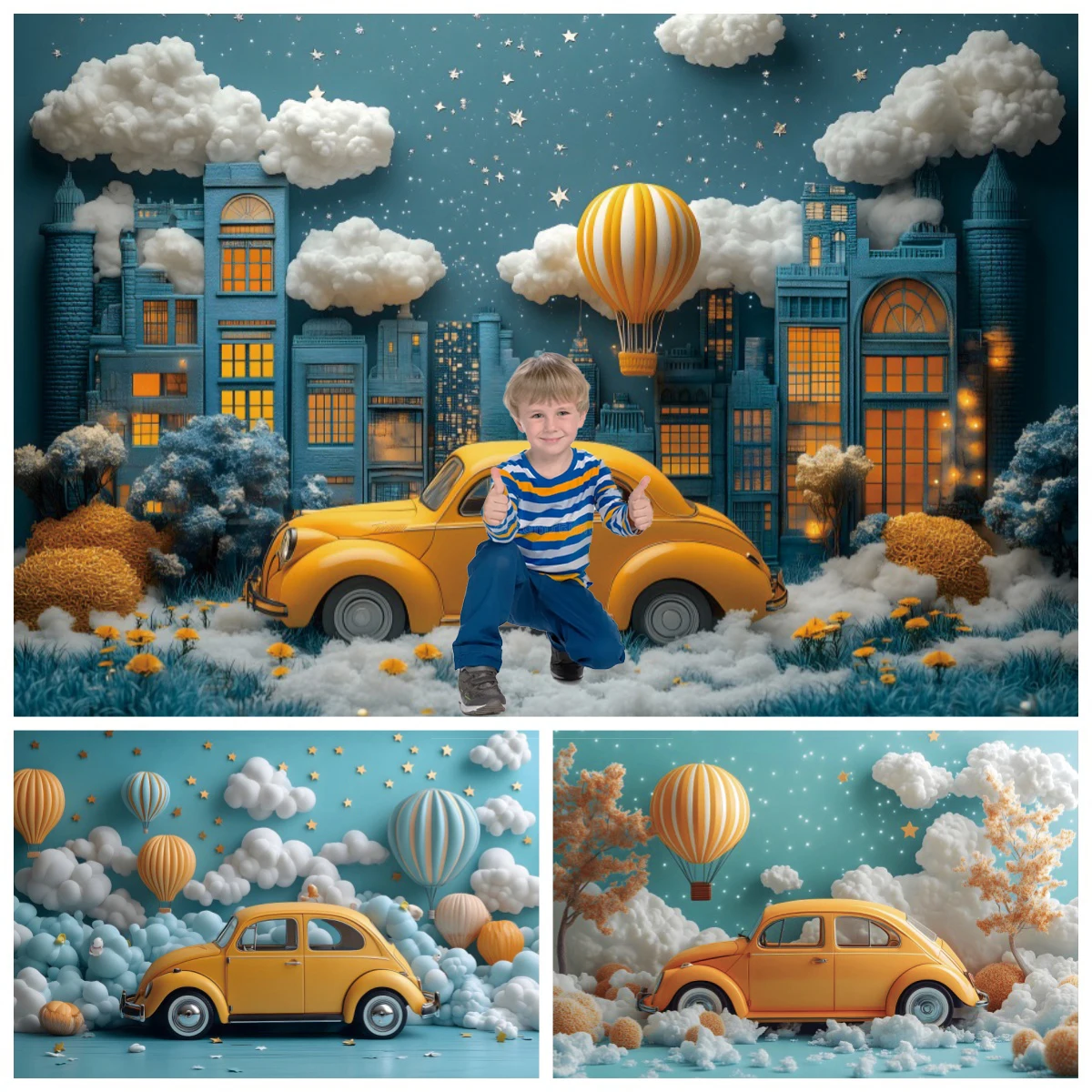 Baby Boy Birthday Party Backdrops Dreamy Urban Building Yellow Car Kids Portrait Cake Smash Decor Background Photography Props