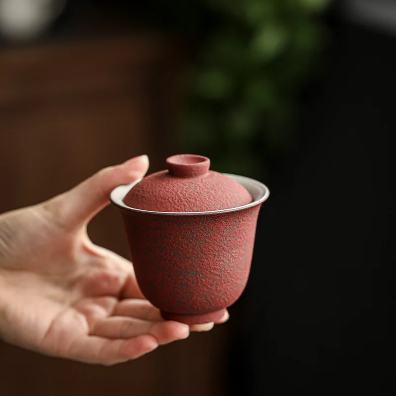 Cinnabar Red Cultural Handmade Coarse Pottery Tureen Domestic Anti-Scald Two Cai Tea Bowl Chinese Kung Fu Tea Tea Maker Gaiwan