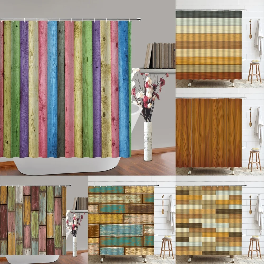 

Colorful Vintage Shower Curtain Rainbow Watercolor Wooden Board Geometric Bathroom Curtains Polyester Fabric Screen with Hooks