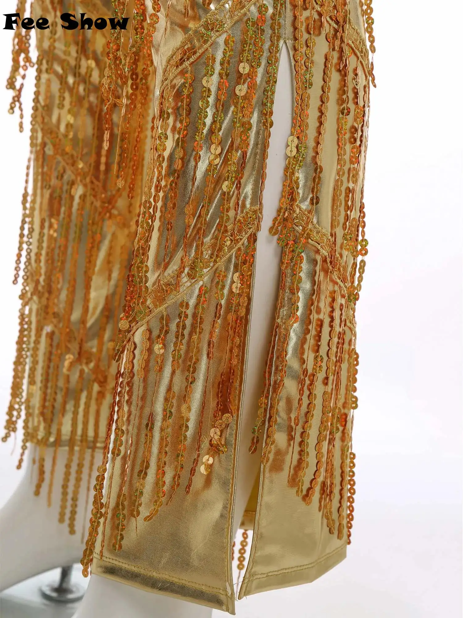 

Mens 70s Disco Metallic Shiny Long Pants Slit Bell Bottom with Tiered Sequined Tassel Dance Trousers for Raves Music Festival