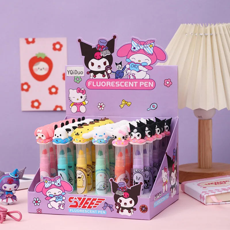 

36pcs Sanrio 6-Color Highlighter My Melody Kuromi Pachacco Hellokitty Office Color Marker Pen Student School Supplies Stationery