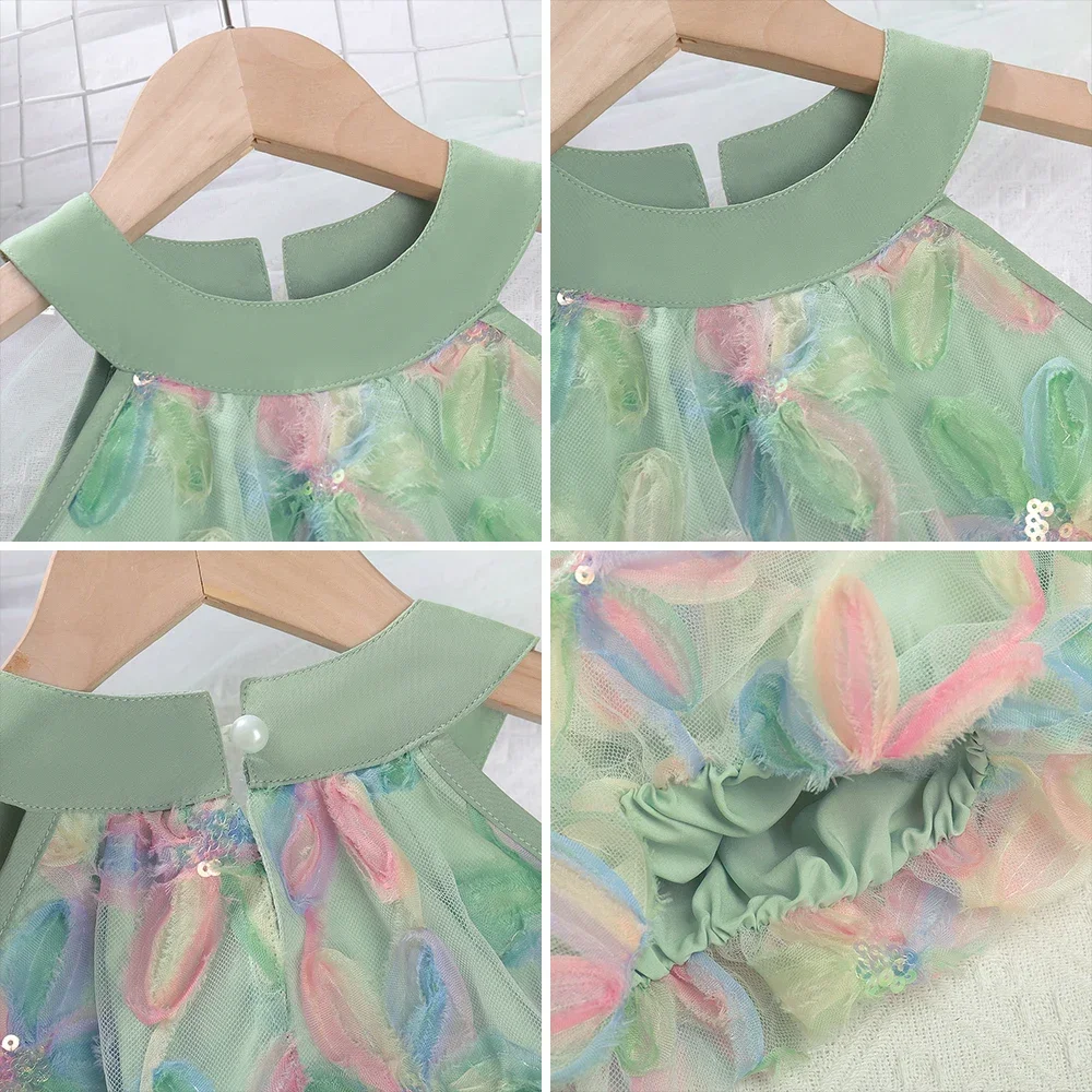 الصيف موضة جديدة 3-7 سنوات الفتيات الحلو القوس الديكور س الرقبة أكمام فستان الأميرة 1 قطعة الأطفال زهرة زين الملابس