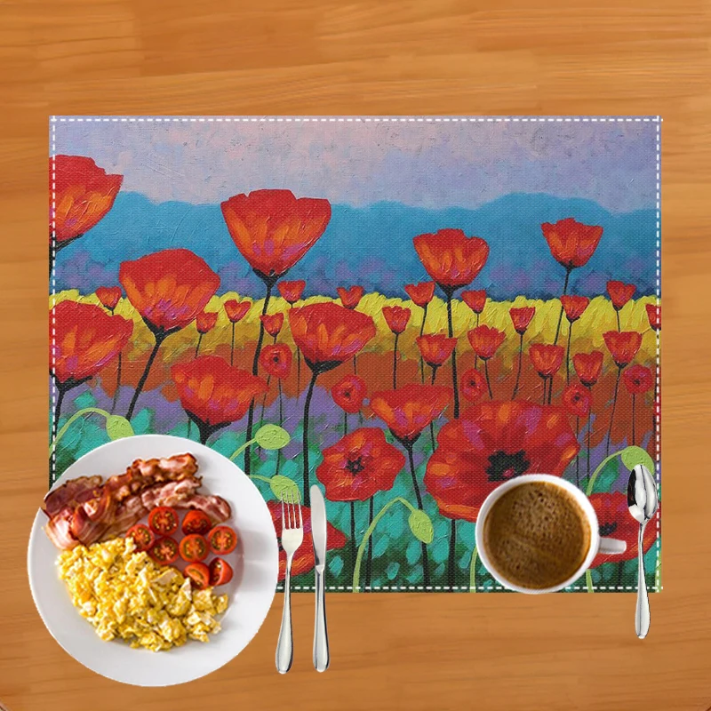 Fashion Red Poppy Flowers Print Table Mats for Dining Coffee Cup Coaster Linen Placemat Kitchen Accessories Dish Drying Pads