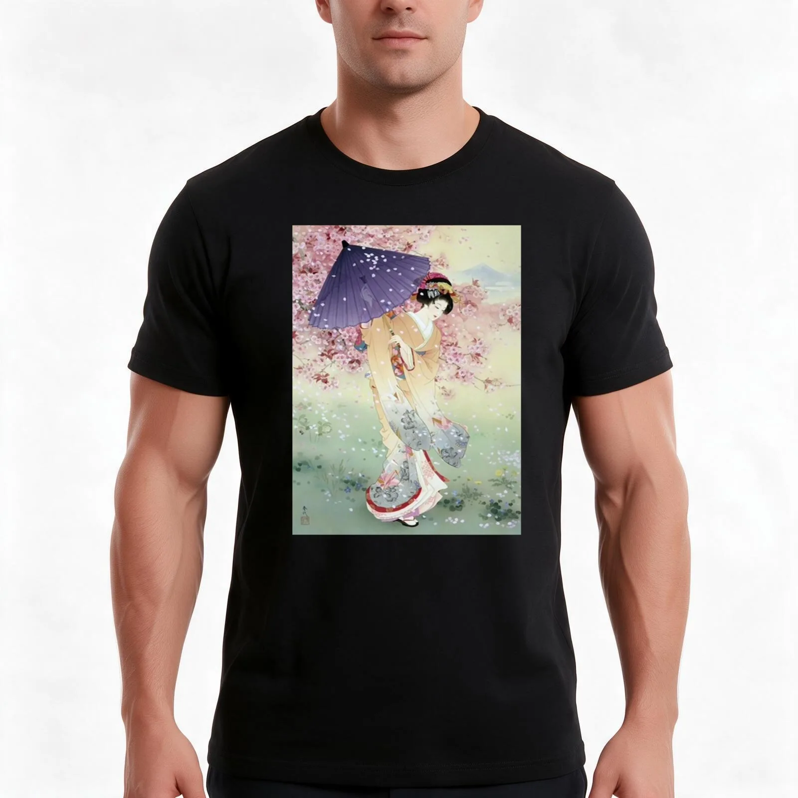 Pretty Japanese woman with a parasol and pink cherry blossoms T-Shirt, Summer Casual Cotton Tee, Oversized Streetwear Tops