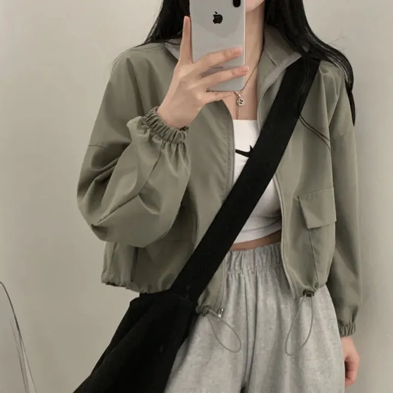 Women's Y2K Spring And Autumn Short Workwear Jacket  Retro Versatile Drawstring Loose Cardigan  Stylish Windproof Streetwear Top
