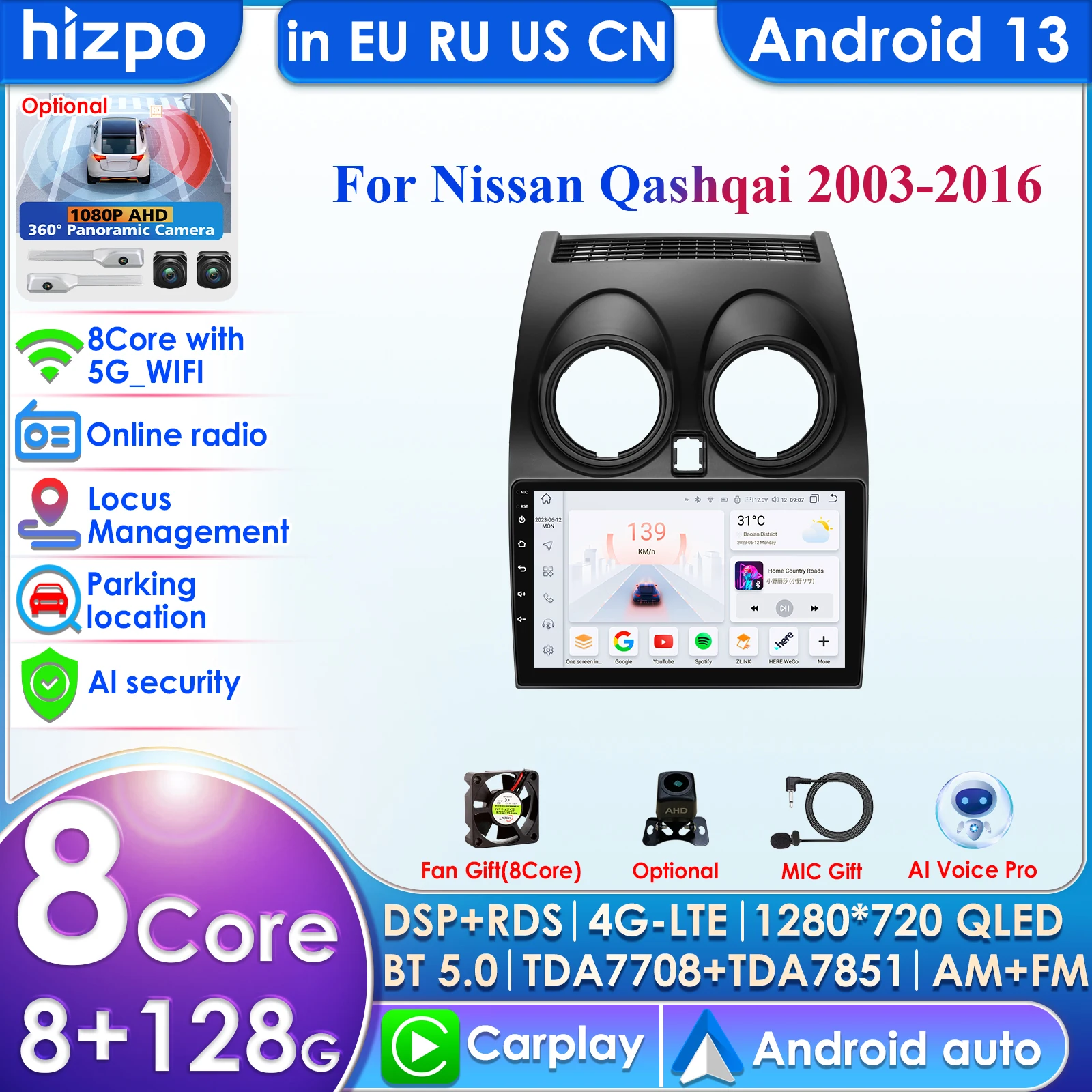 8G+128G AI Voice Car Radio Android Auto Multimedia for Nissan Qashqai J10 2006 2007 2008-2013 Carplay 4G NET 2Din GPS Autoradio