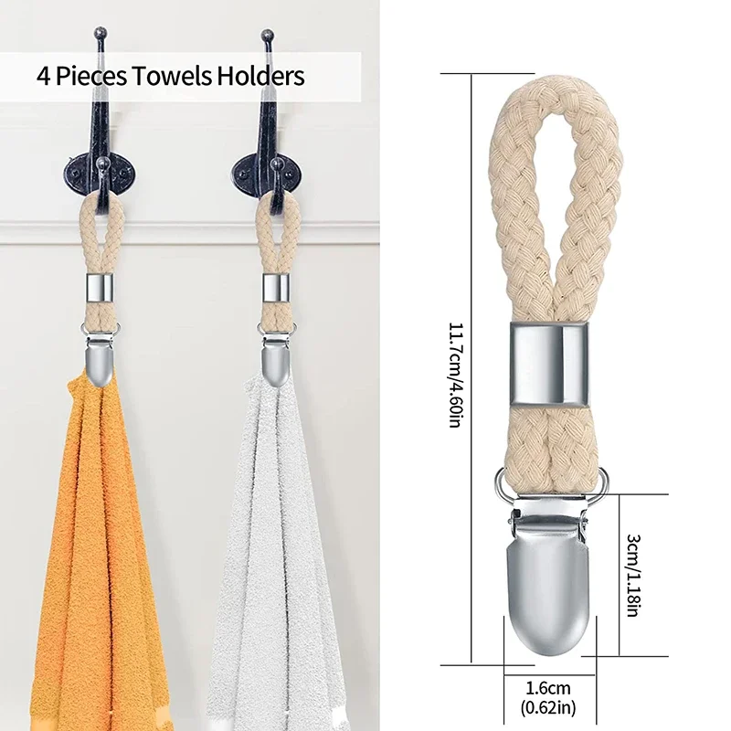 4/8pcs Towel Hanging Clips Clamps Braided Multipurpose Cotton Loop Metal Hook Kitchen Bathroom Storage Clips Sock Clothes Hanger