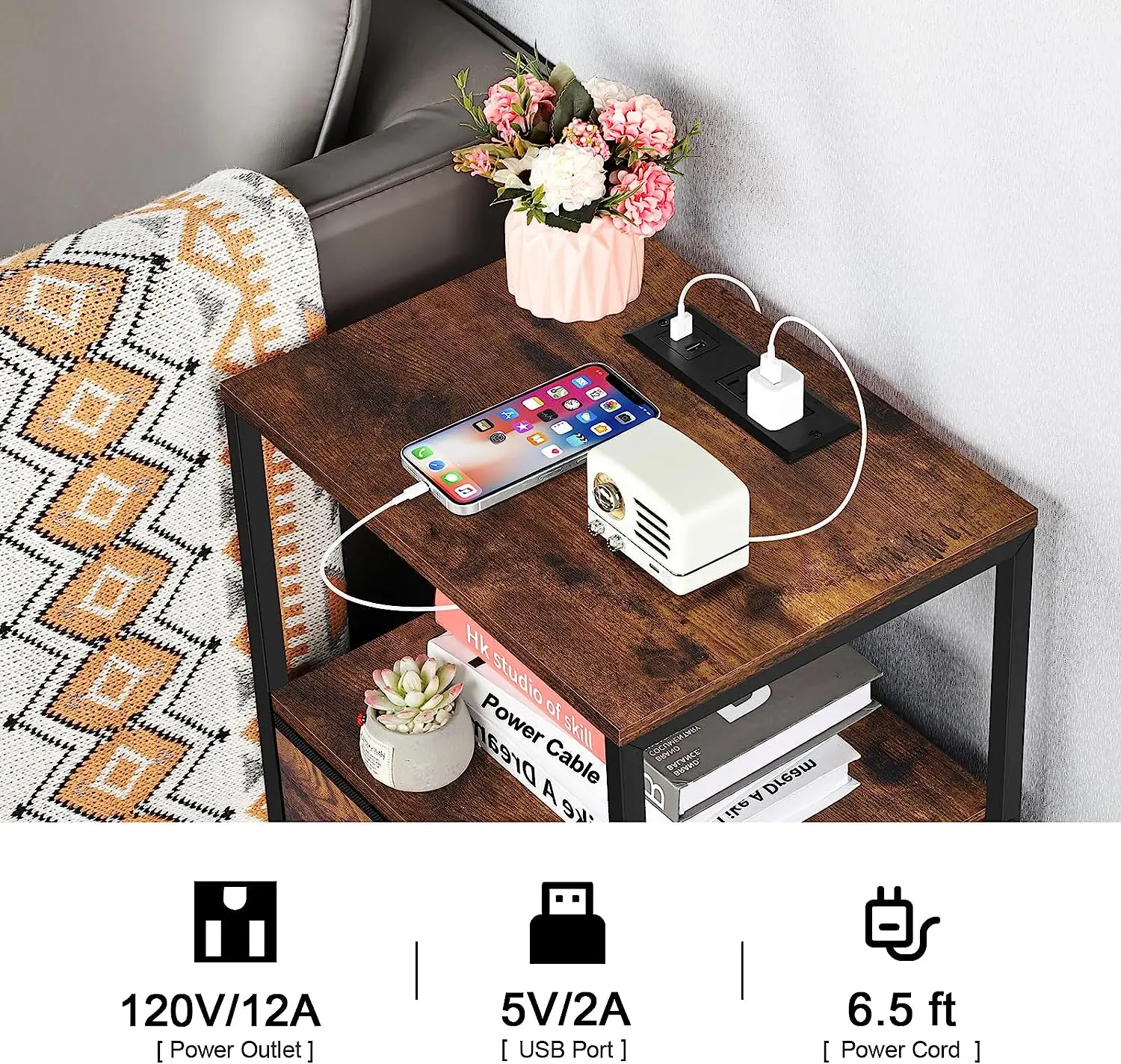 Heavy Duty mesa de cabeceira, Nightstand com carregamento estação, Tecido gaveta, Conjunto de 2