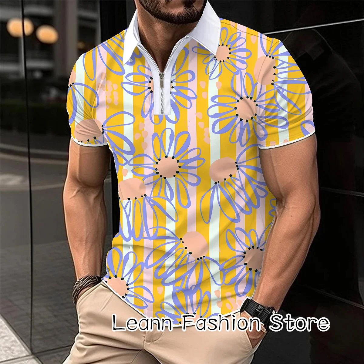 Summer Men Fashion Floral Printing Polo Shirt Zipper Lapel Tops Tees Male Casual Stylish Polo Tshirt Daily Short Sleeve Clothing