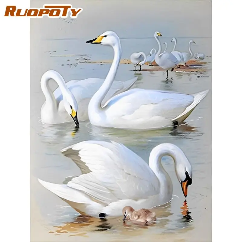 RUOPOTY Diamond Painting White Swan Full Square Round Diamond Embroidery Mosaic Lake Scenery Diamond Home Decor