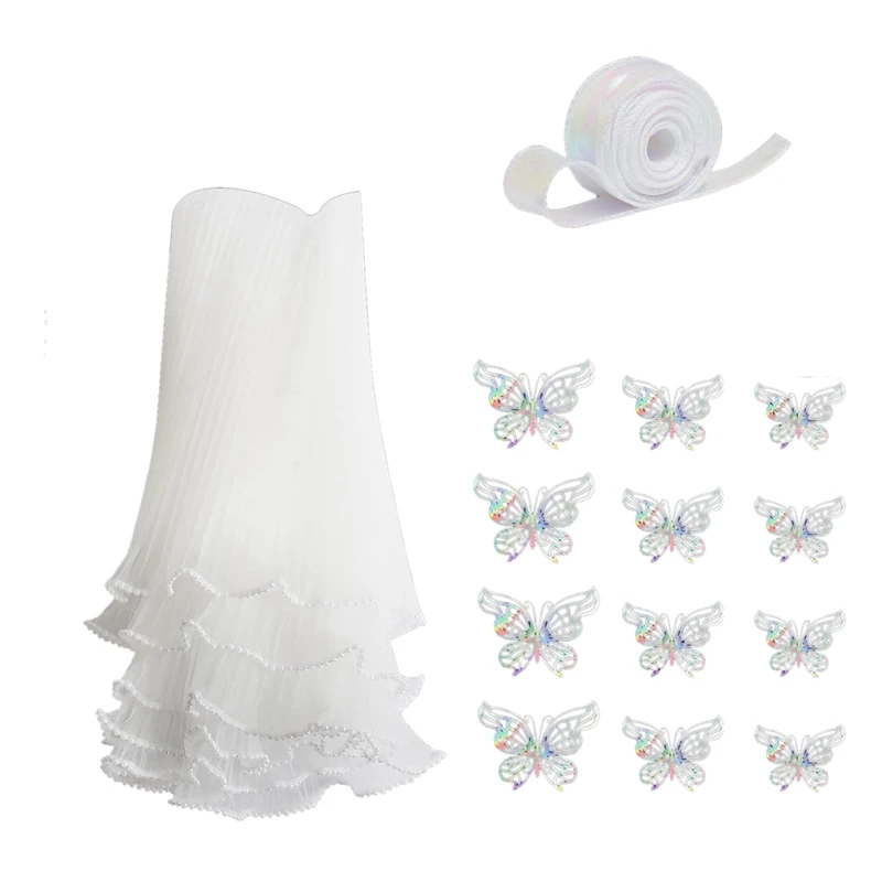 White Flower Wrapping Paper Kit 4.37 Yards Pearl Lace Mesh For Bouquets, Wave Tulle With Ribbons And 3D Butterflies