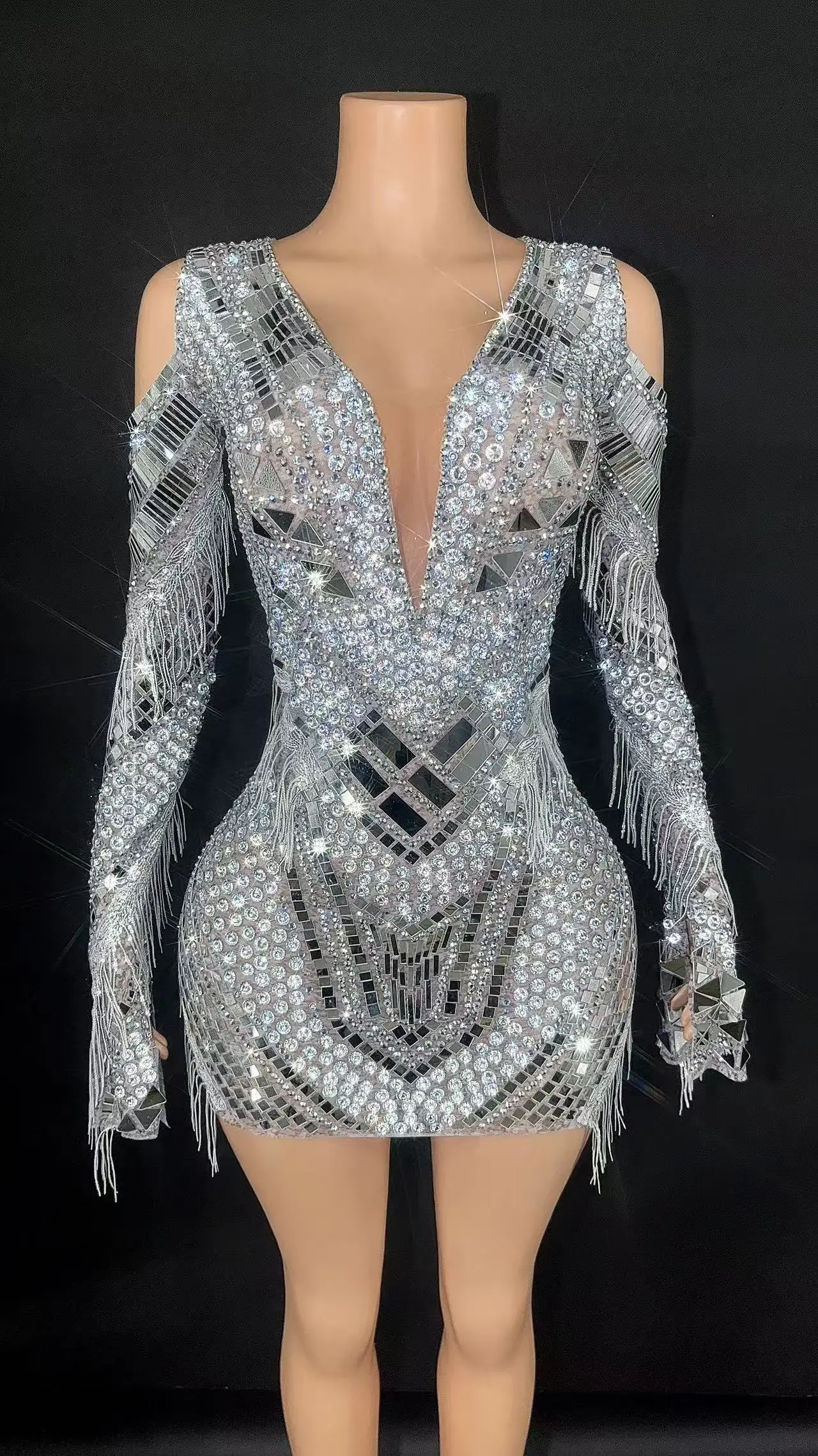 Sparkly Mirror Surface Sequined Ladies Long Sleeve Sexy Deep V-Neck Jumpsuit Evening Party Nightclub Singer Show Stage Costume