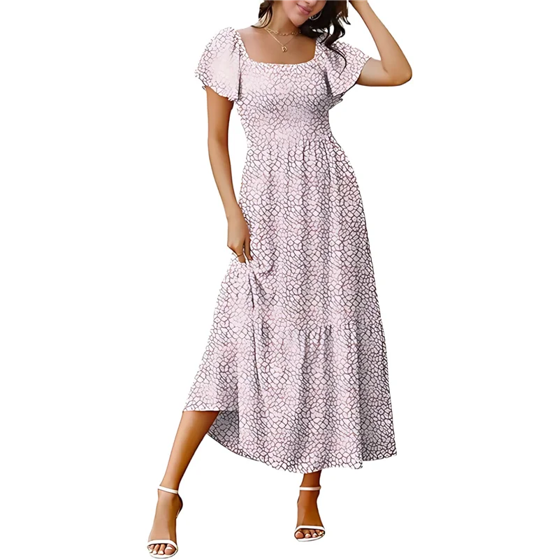 Abito estivo da donna casual con scollo quadrato, maniche svolazzanti, boho, smock, a-line, fluido, a strati, modesto, midi, con tasche