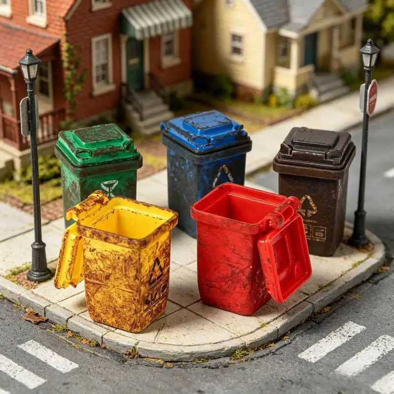 New3Pcs Miniature Weathered Style Trash Can Ornament Dollhouse Trash Can Model Decor 1/87 Scale Diorama Scene Layout Accessories