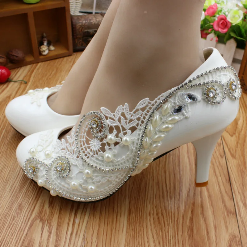 Shoes Women Pumps Fashion Wedding PU 3 5 8CM Thin Heels Fashion Lace Metal Decoration Bling Flower Rhinestone Woman Shoes White