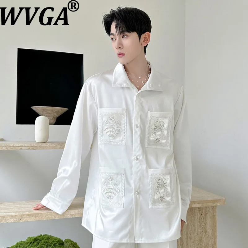 

WVGA Spring Autumn New Men's Stand Collar Long Sleeve Shirt Trendy Beaded Floral Decoration Design Niche Chic Casual Tops W21729