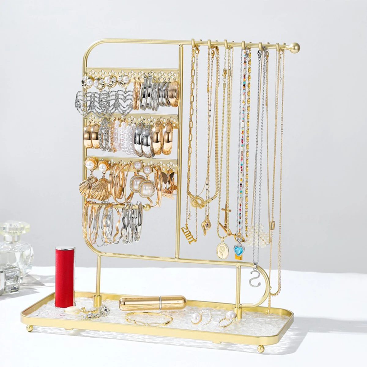 

Позолоченная железная двусторонняя подставка для ювелирных изделий — многоярусные полки/крючки большой вместимости, универсальные ювелирные изделия, прочная защита от опрокидывания
