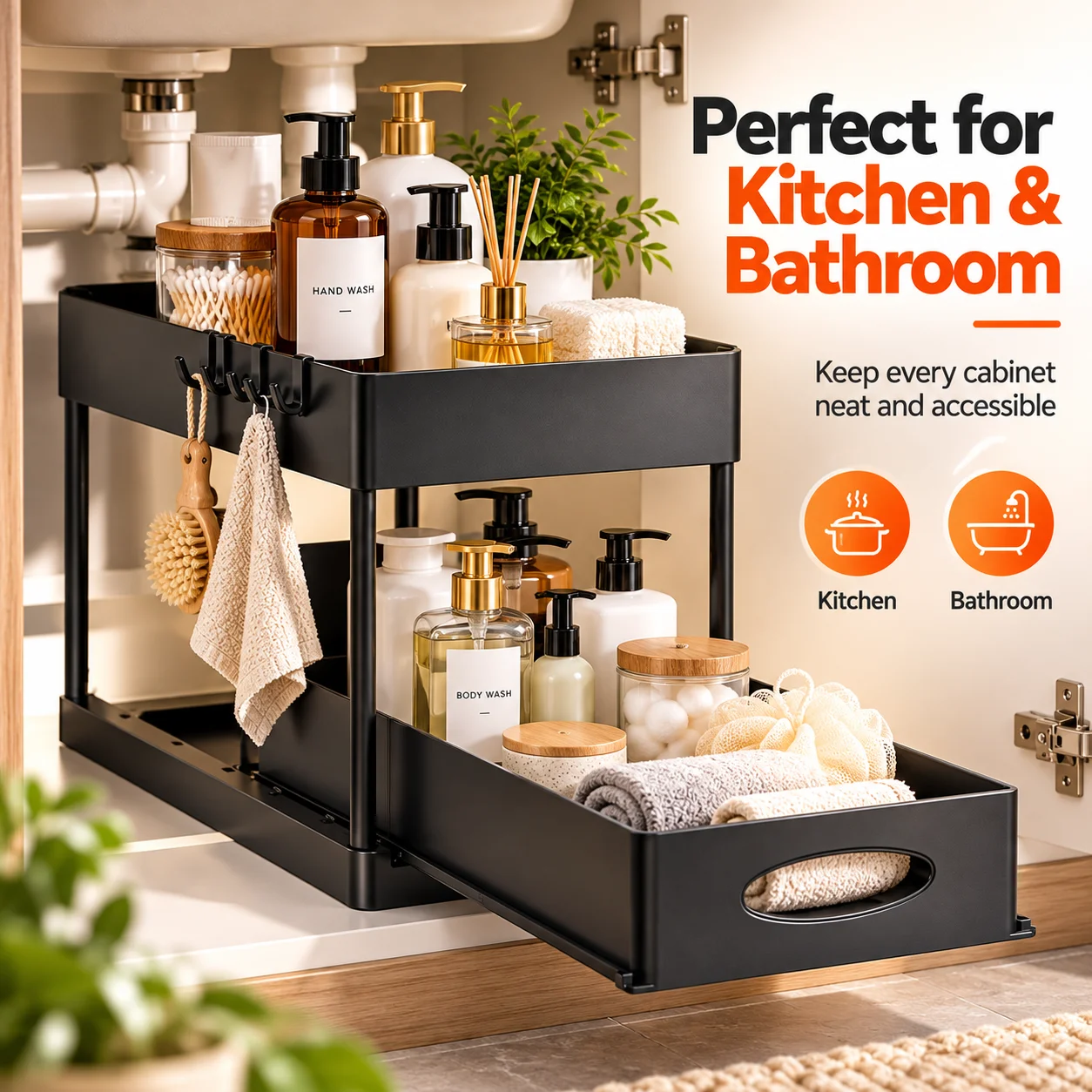 2 Tier Under Sink Organizer Pull Out Sliding Drawer Cabinet Storage Rack with Hooks for Kitchen Bathroom Cleaning Supplies