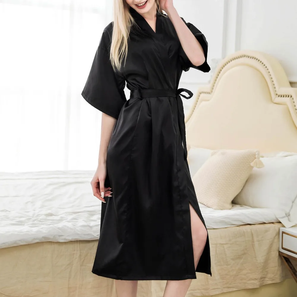 

Womens Satin Sexy Imitation Silk Long Robe Wedding Dressing Gown Sleepwear Lingerie Nightdress Soft Belt Solid Female Bathrobe