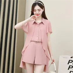 Pink Blazer Suit Shorts Set Women's 2024 Summer Chiffon Shirt Fashion Slim Fit Stylish And Casual Two-Piece Suit Jacket Women