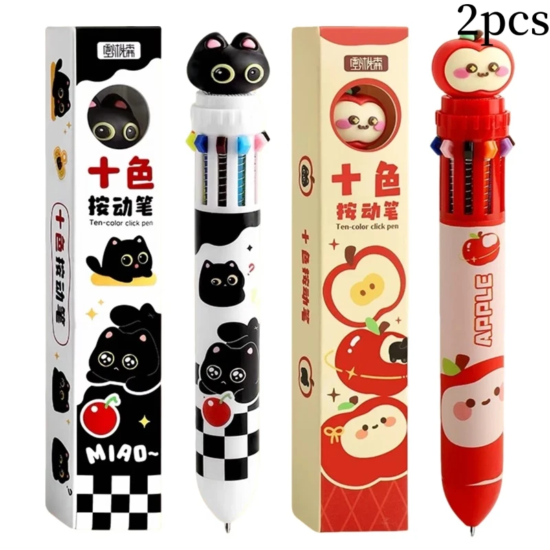 2-canetas-gel-retrateis-com-estampa-de-gato-preto-e-maca-vermelha-10-cores-em-1-ponta-de-05mm-para-diario-estudantes-exames-papelaria-de-escritorio-e-uso-diario