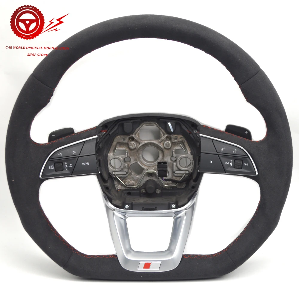 Full Suede Leather Red Line Multifunctional Flat Bottomed Sports Steering Wheel Assembly, For Audi Q3