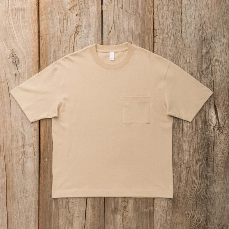 American Falling Wide Shoulder Loose T-shirt Men 265G Heavy 100% Cotton Tops Unisex Bucket Woven Chest Pocket Casual T-shirt