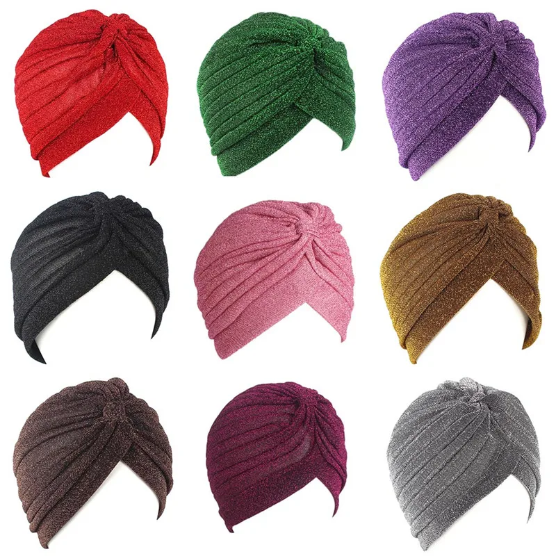 Solid Color Twist Turban Caps Fashion Women Knot Muslim Hijab Shiny Gold Silver Glitter Indian Hat Men Casual Simple Headscarf