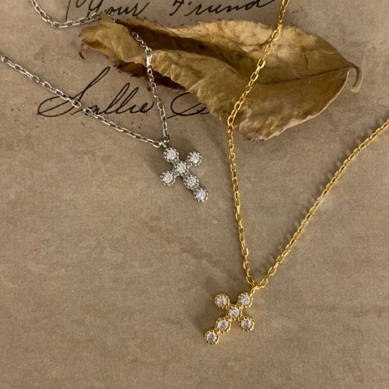 Senlissi- Classic Cross Shape S925 Silver Necklace Shiny Zircon Adjustable Extender Chain Neck Jewelry