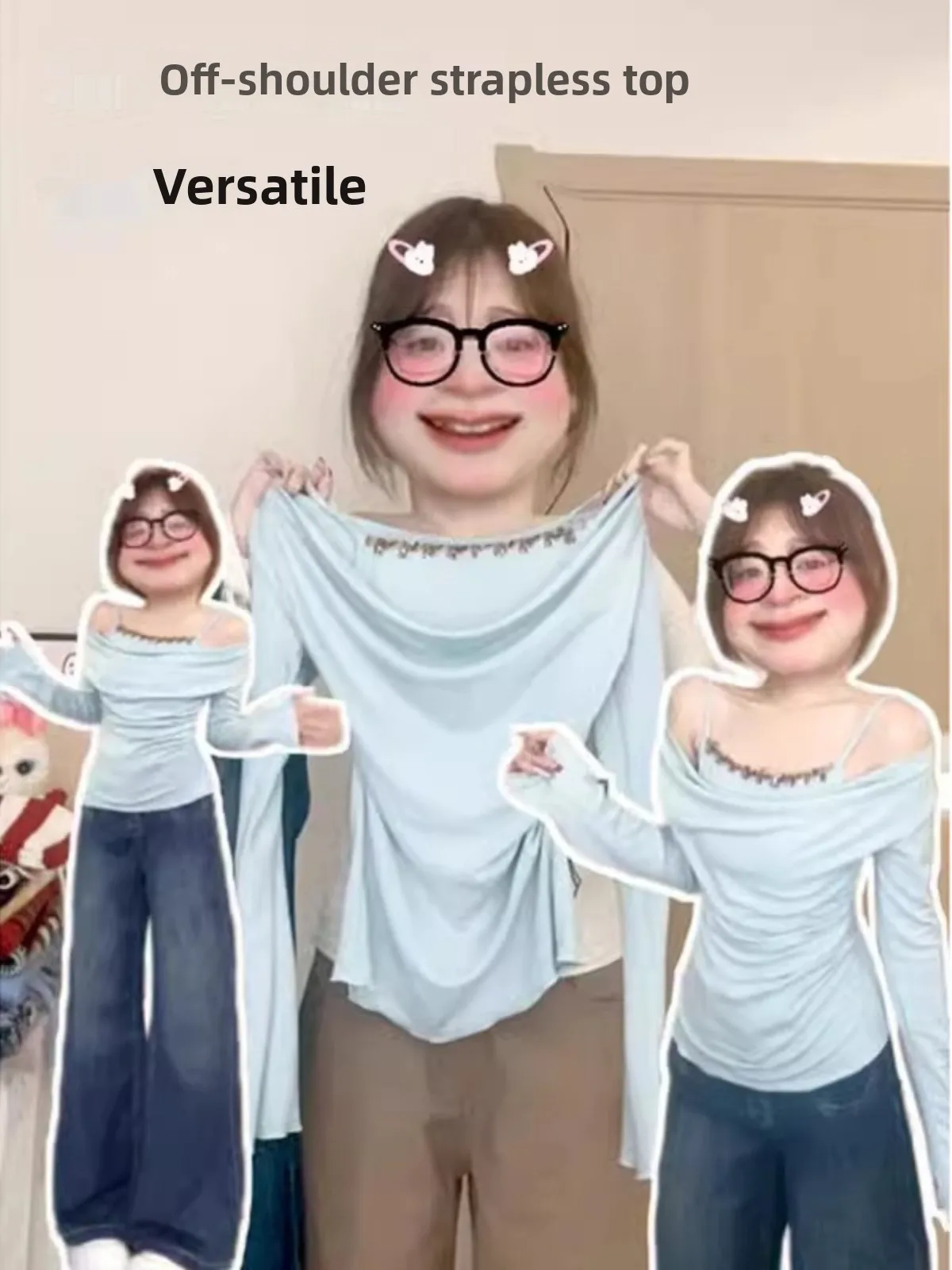 plus Size Splice Fake Two-Piece Long Sve T-irt Women Spring Autumn Gathered Slimming Pure Desire Blue Weight Loss Base Top