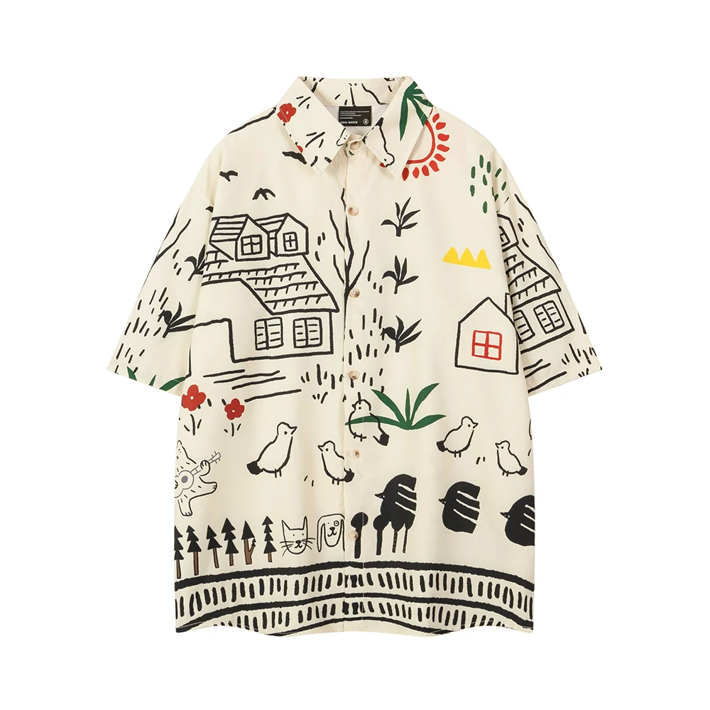 

2025 New Summer Graffiti Short Sleeve Hawaiian Shirts for Men Lapel Color Match Loose Casual Beach Blouse Oversized