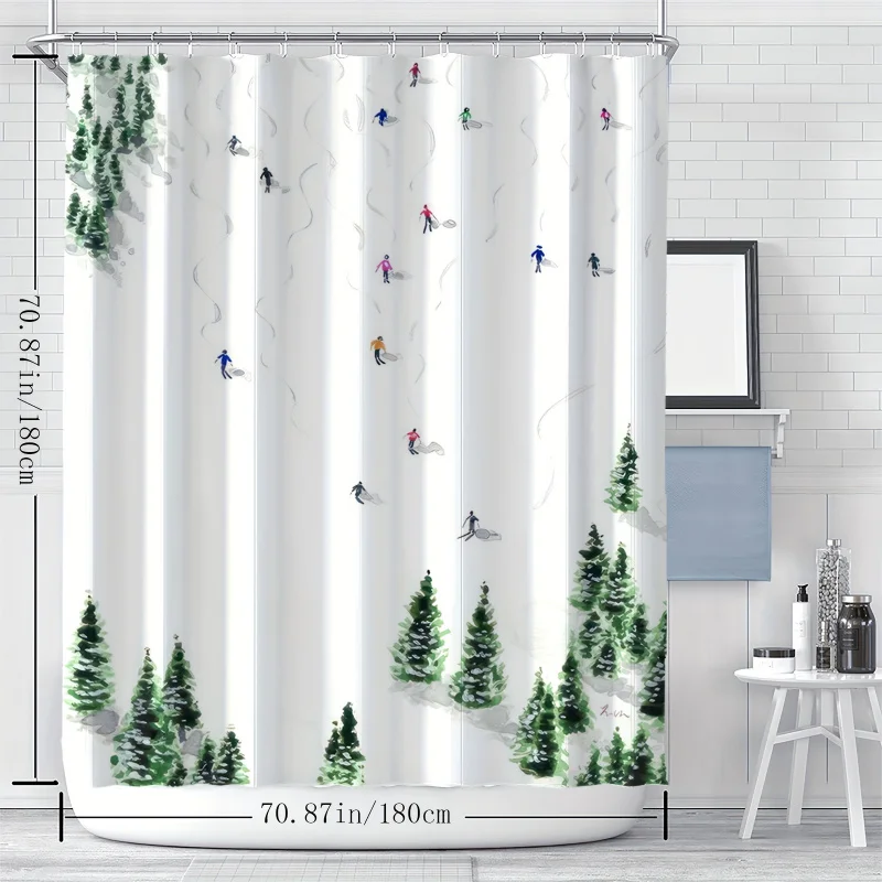 Ywjhui ski adventure pattern digital print shower curtain, water-resistant polyester fabric with knit weave, machine washable, I