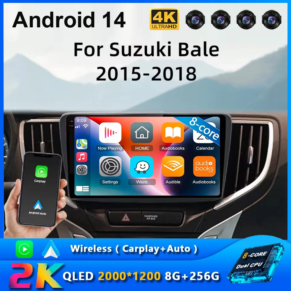 Bluetooth Car Stereo Android 14 Auto Radio for Suzuki Bale 2015 - 2018 Wireless CarPlay Car Multimedia GPS 4G+WIFI  No 2din