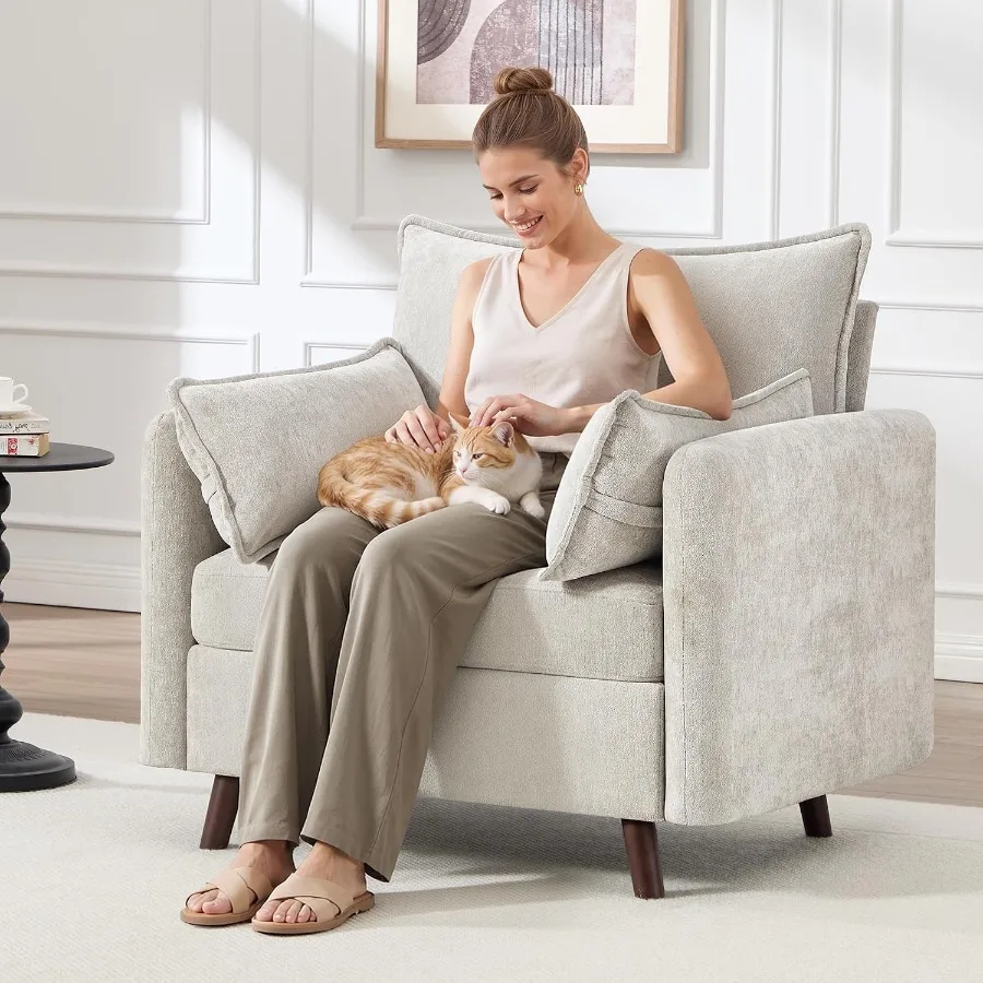 Oversized Accent Chair with Storage, Chenille Comfy Living Room Chairs with 2 Throw Pillow, Deep Seat Armchair Reading Chair fo