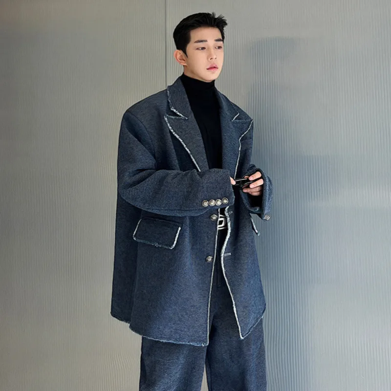 WVGA Spring Autumn New Men Denim Washed Frayed Shoulder Padded Blazer Niche Chic Casual Turn-Down Collar Suit Jackets Ins W17296